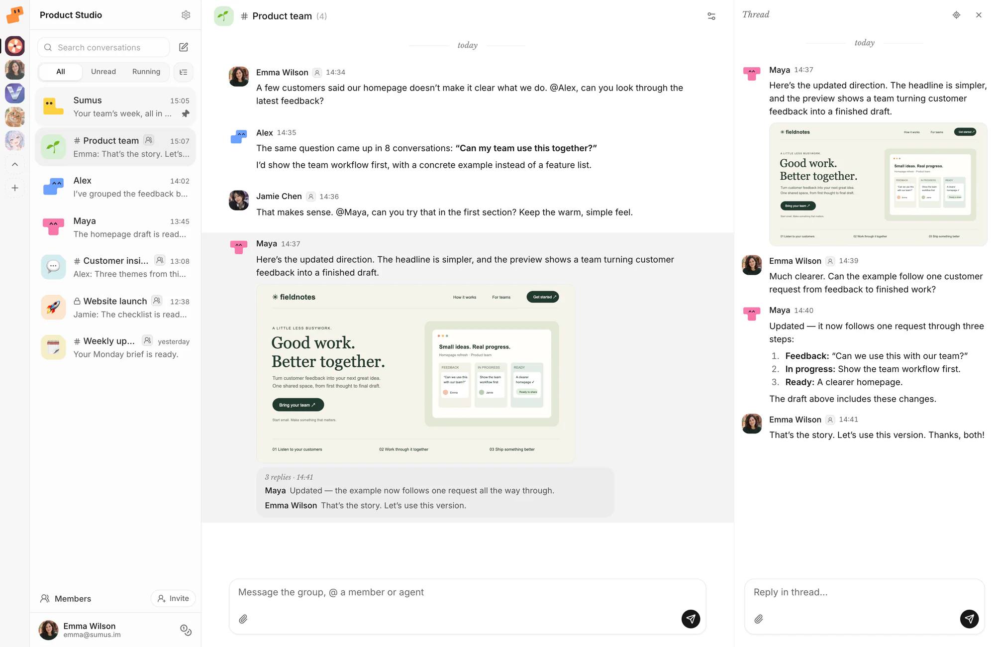 A Sumus group chat where a product team and AI teammates turn customer feedback into a clearer homepage draft